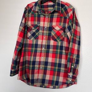 Pashartuk Mens Plaid Flannel Snap Button Up Shirt L  Red Blue Yellow Long Sleeve